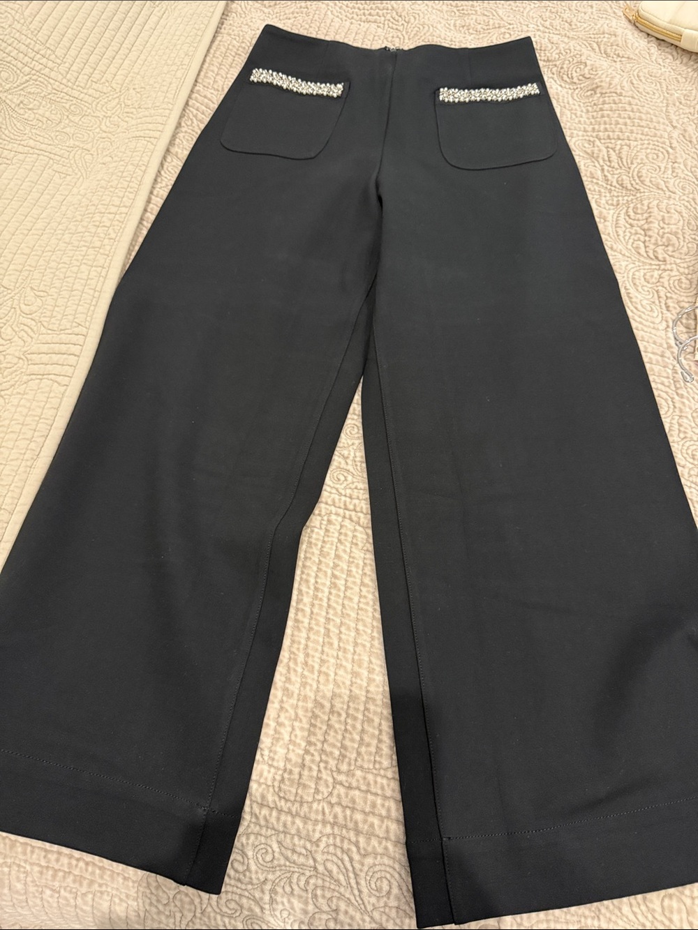 Mauve Black Wide-Leg Pants with Rhinestone-Trim Pockets